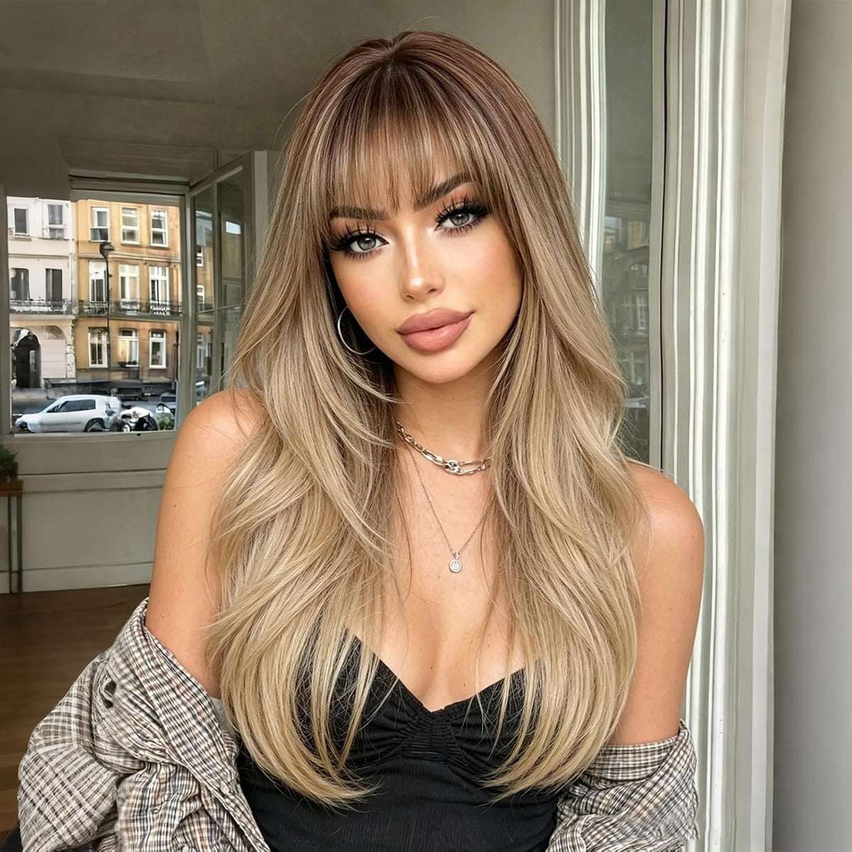 Blonde Wig with Bangs - Long Straight Layered Hair for Women, Natural Look, 26 Inch