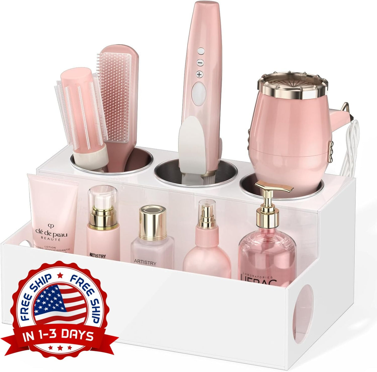 Hair Dryer & Styling Tool Organizer with Stainless Steel Cups - Counter Storage