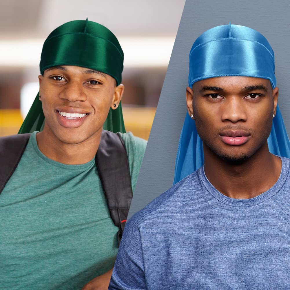 Silky Durags with Long Tail & Satin Wave Cap Set for Men - 8 Pieces