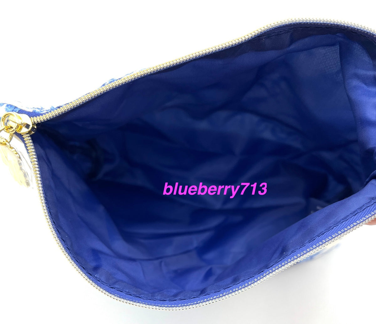 2-Piece Makeup Bag Set with Blue Flower and Bird Print, Zipper Closure
