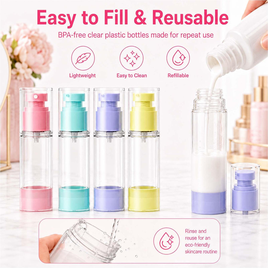 4 Pack Travel Airless Pump Bottles - Leakproof 1 oz Cosmetic Dispensers for Toiletries