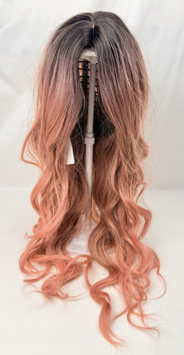 Long Pink Ombre Wavy Wig 26 Inch Synthetic Hair with Middle Part & Adjustable Cap