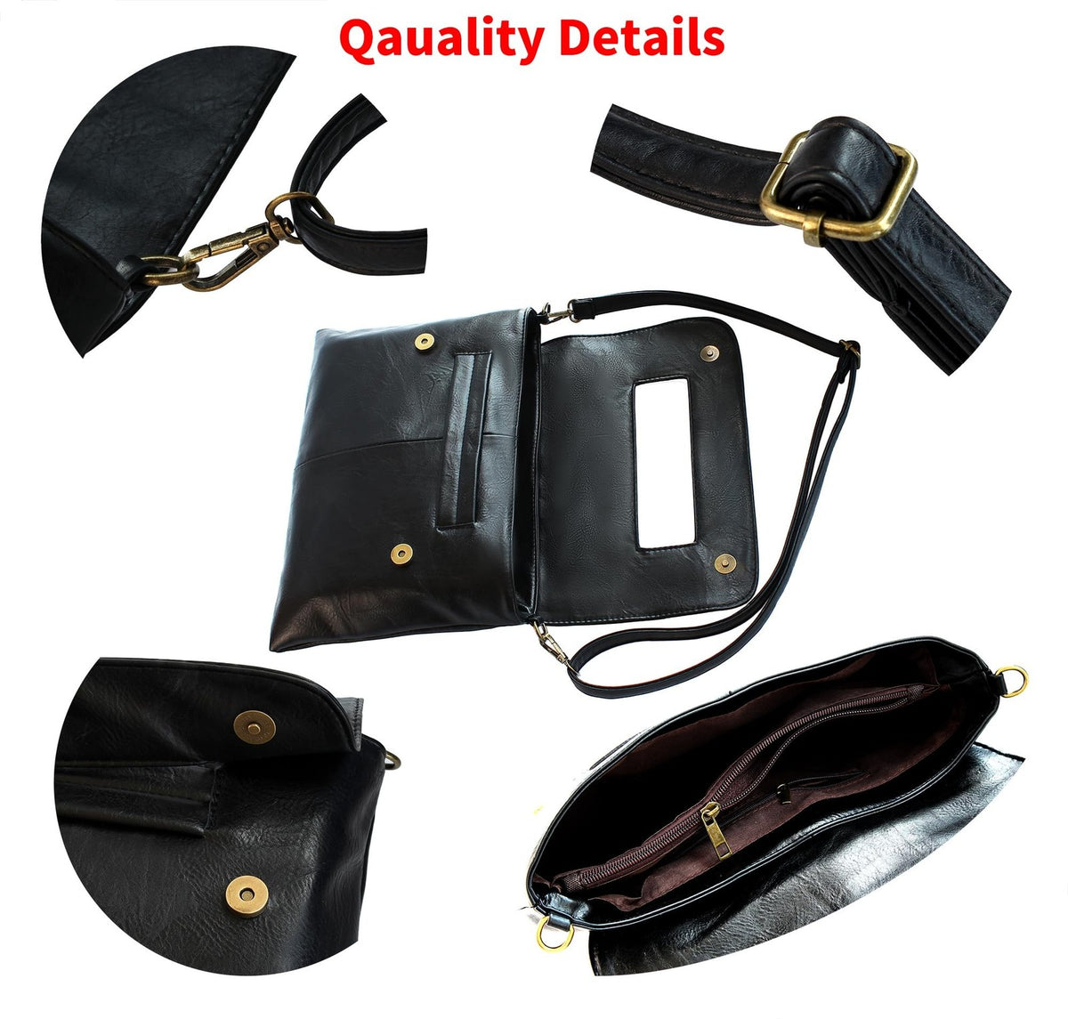 Large Black 3-in-1 Women's Clutch Shoulder Bag Faux Leather