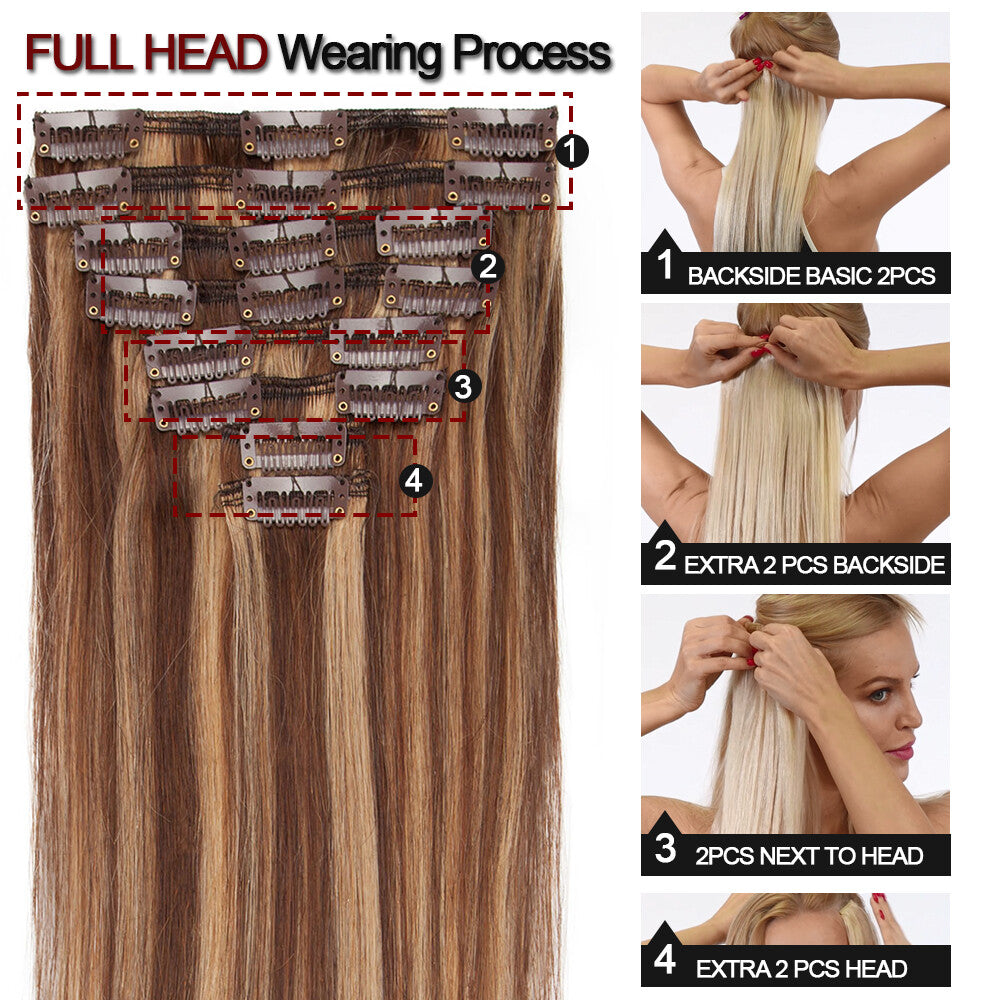 Clip-In Hair Extensions Full Head Remy Human Hair Balayage & Ombre