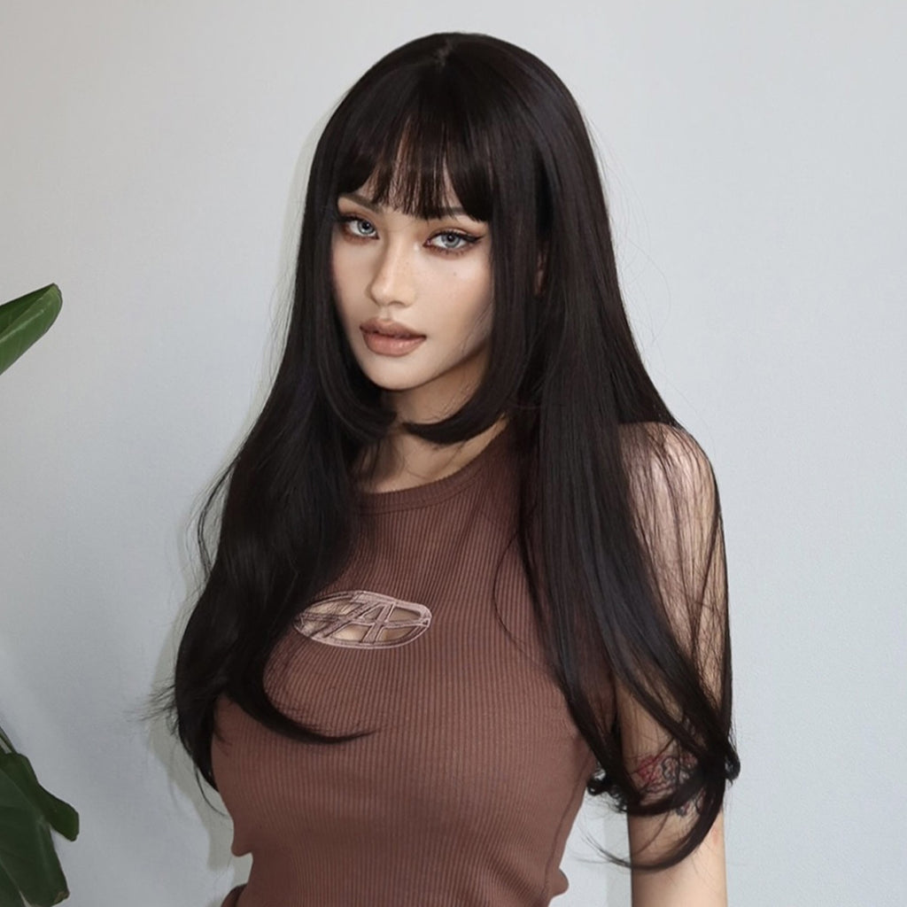 Black Synthetic Wig with Bangs - Long Straight Cosplay Hair for Beginners