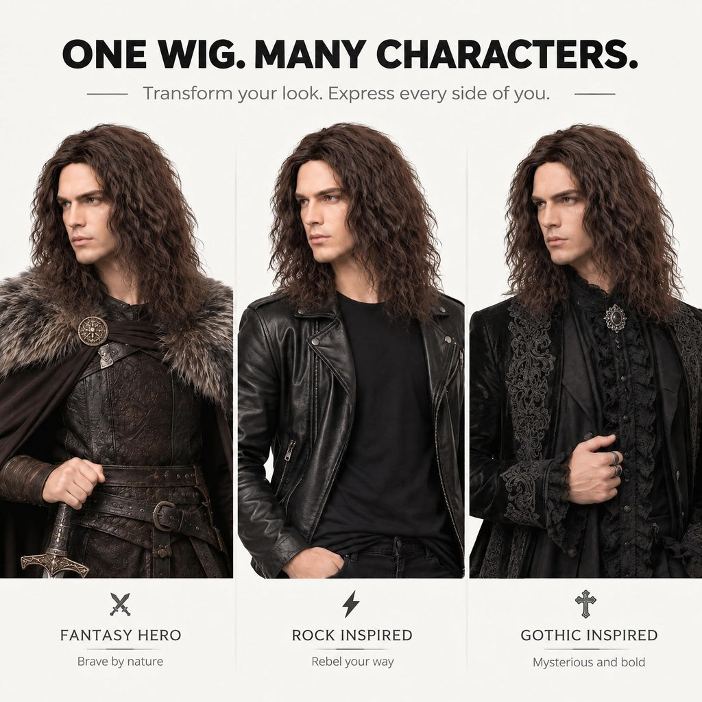 Men's Brown Wavy Costume Wig - Natural Look, Heat Resistant Synthetic Hair