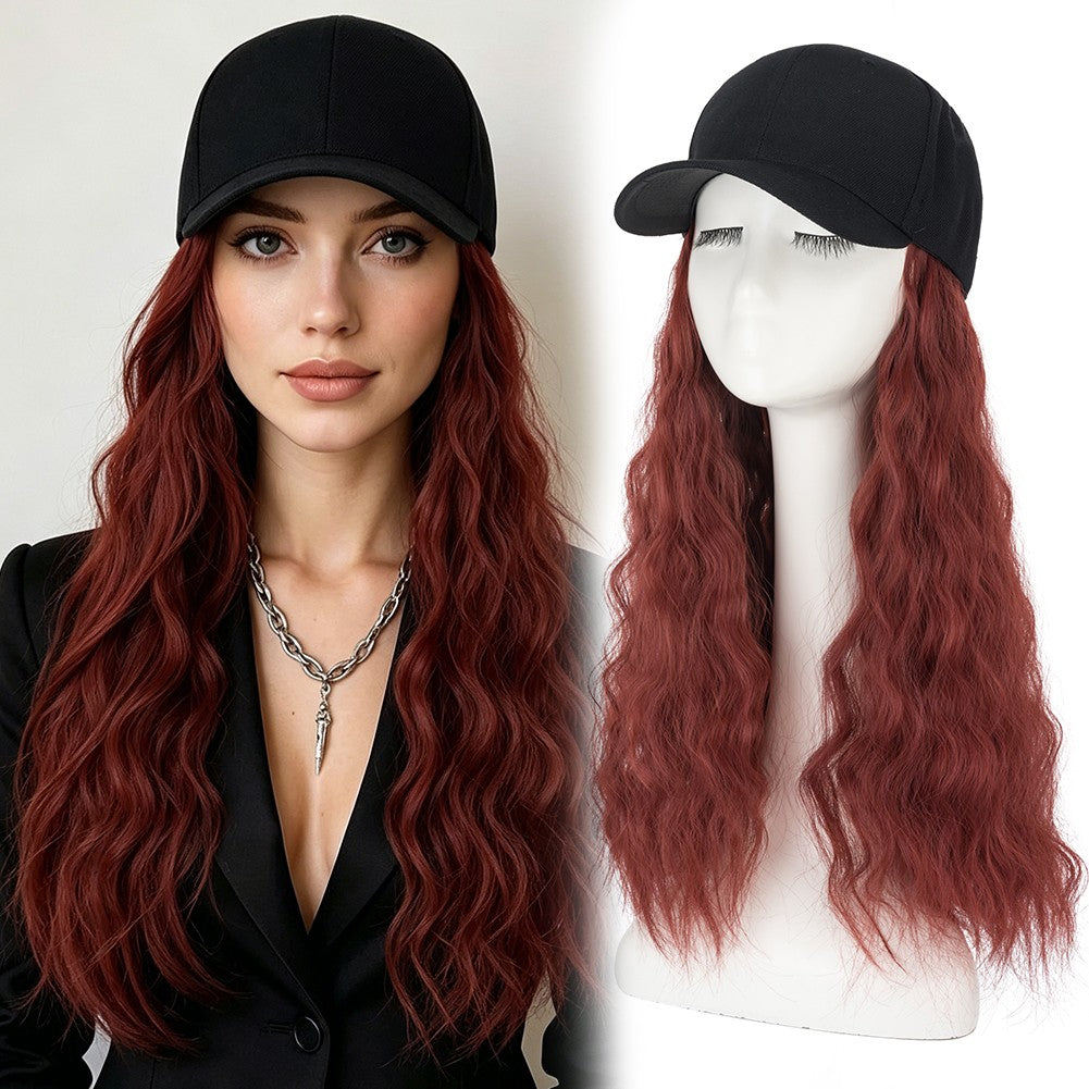 16-Inch Long Curly Cap Wig with Adjustable Baseball Hat and Attached Hair