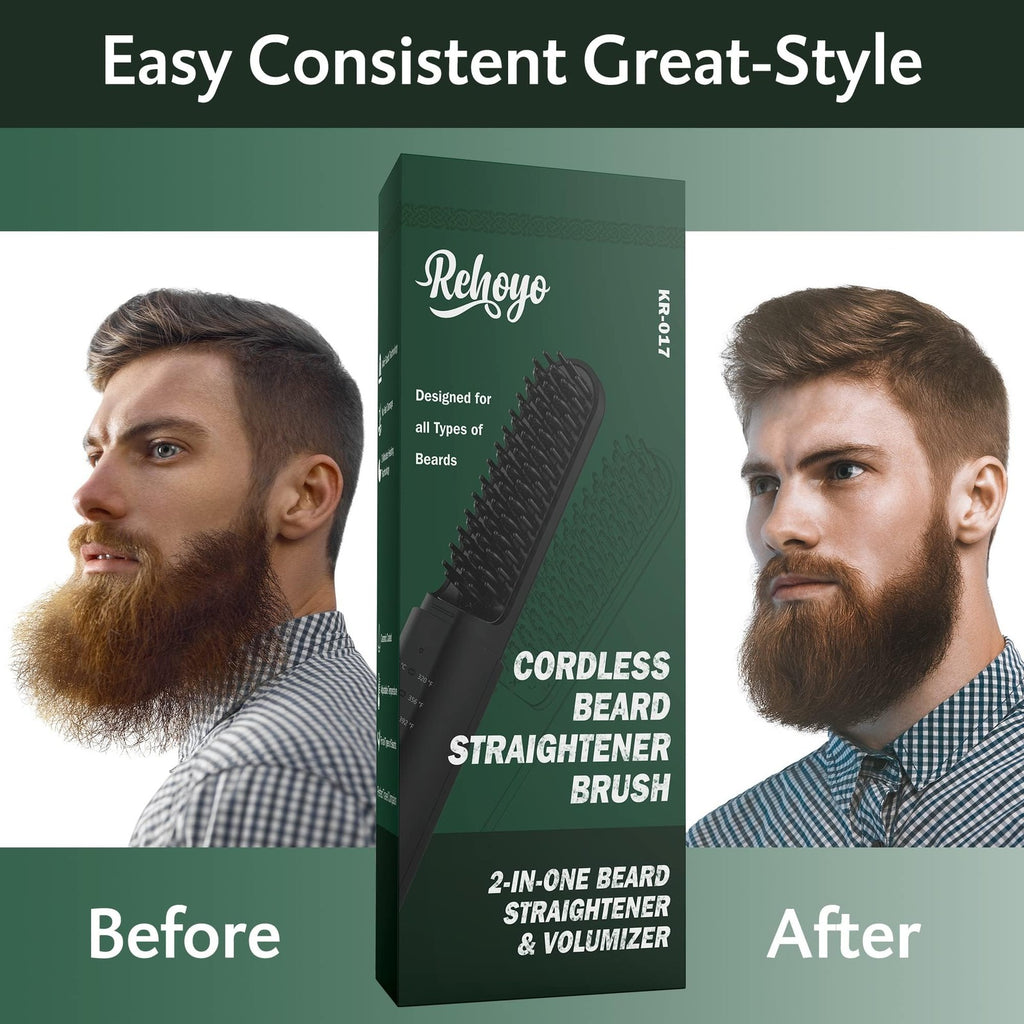 Cordless Beard Straightener Heated Brush for Travel & Home - Ionic, Adjustable Temp