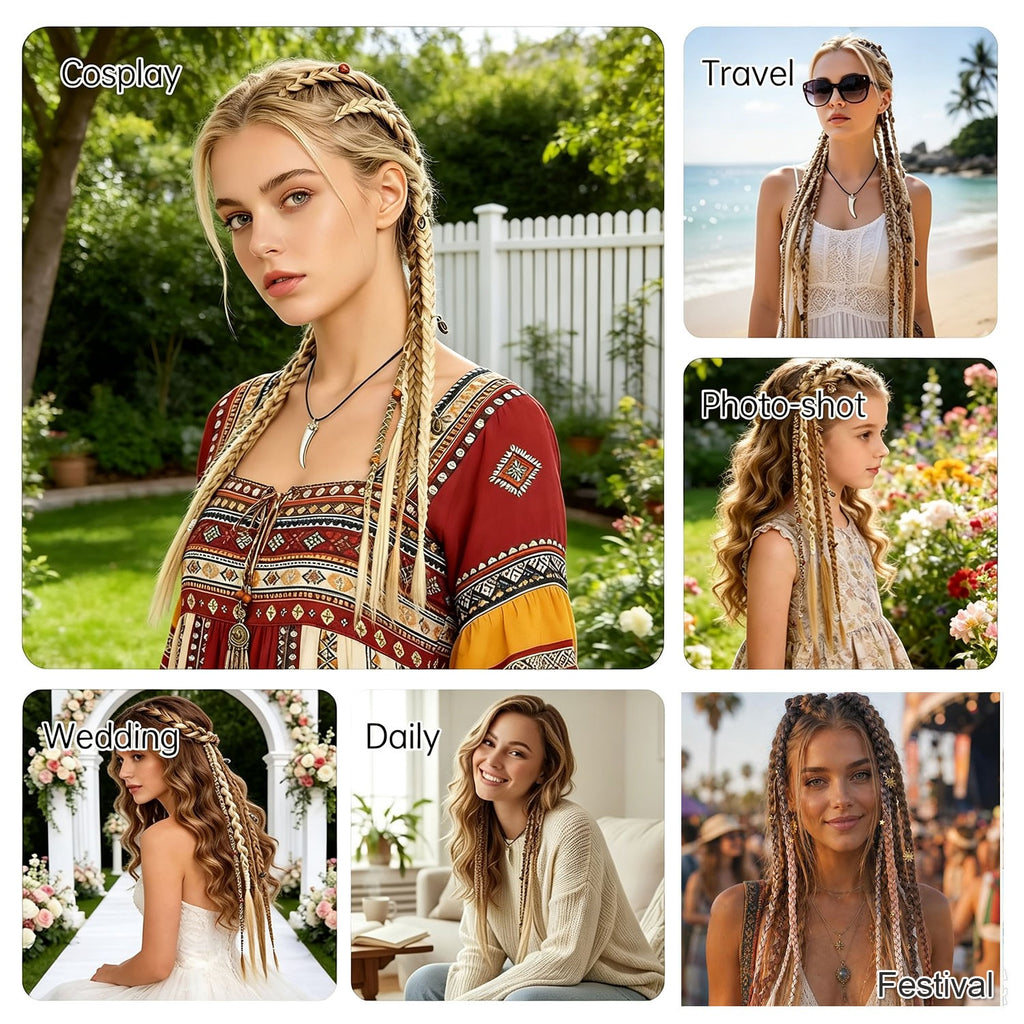 20in Clip-In Boho Dreadlock Braided Hair Extensions with Beads & Charms