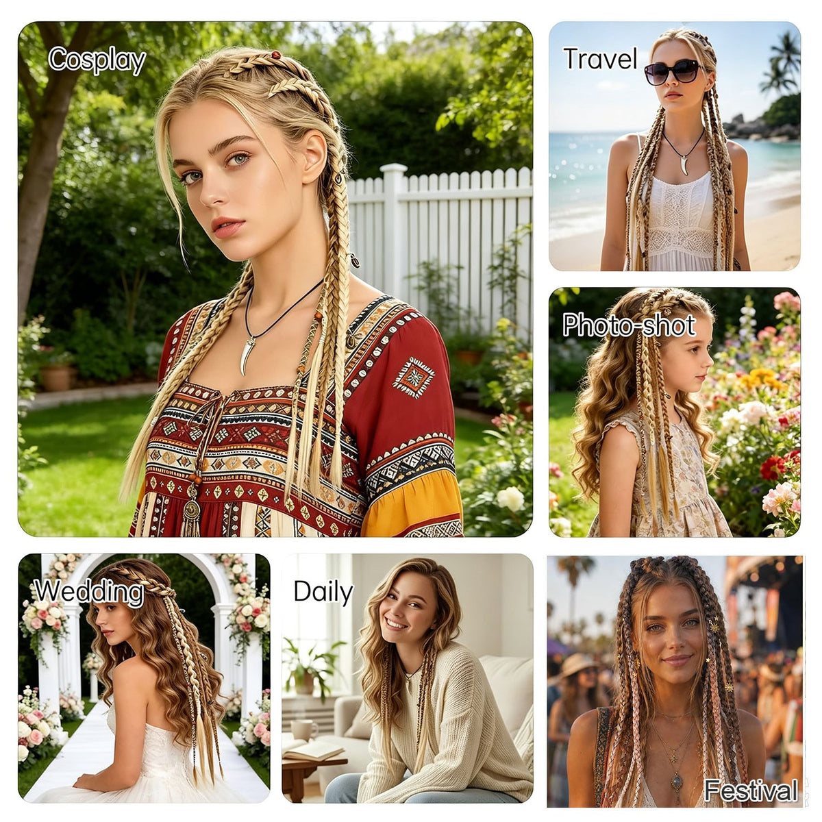 20in Clip-In Boho Dreadlock Braided Hair Extensions with Beads & Charms