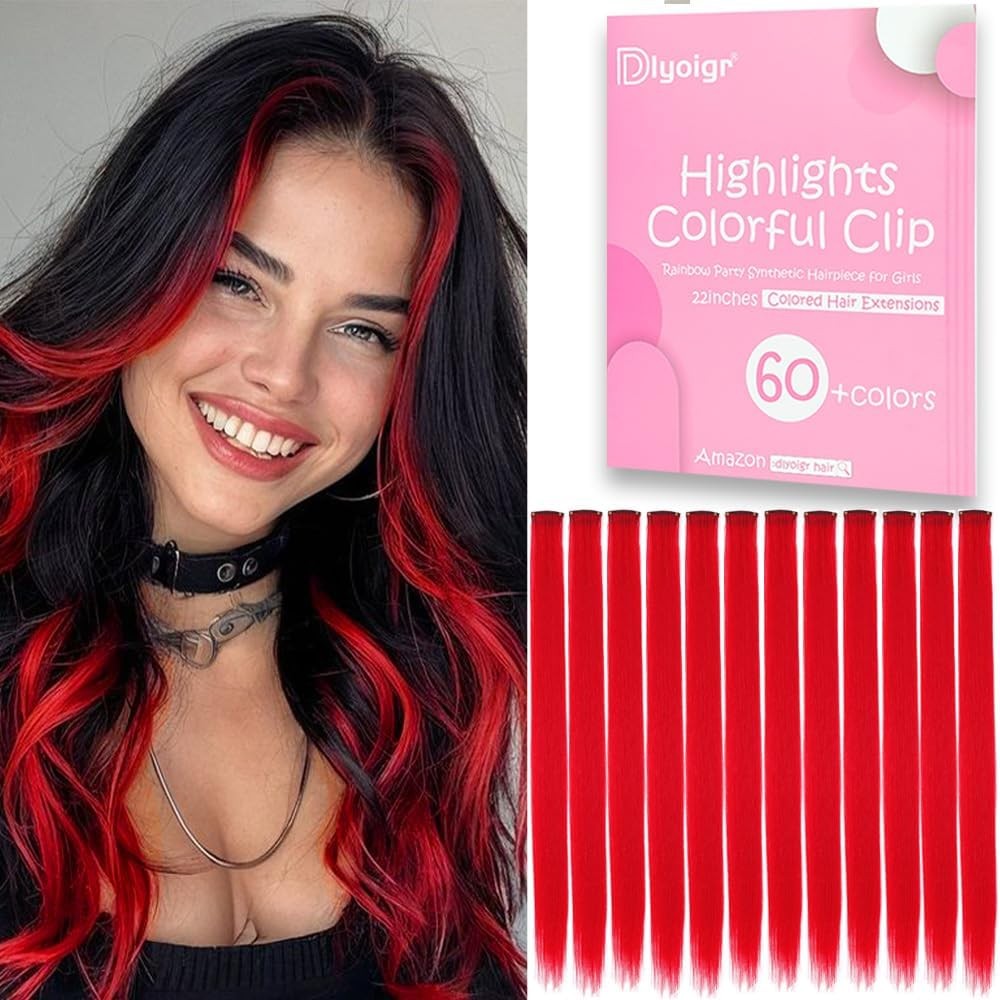 12PCS Red Clip-In Hair Extensions 22 Inch Long Straight Synthetic Hair