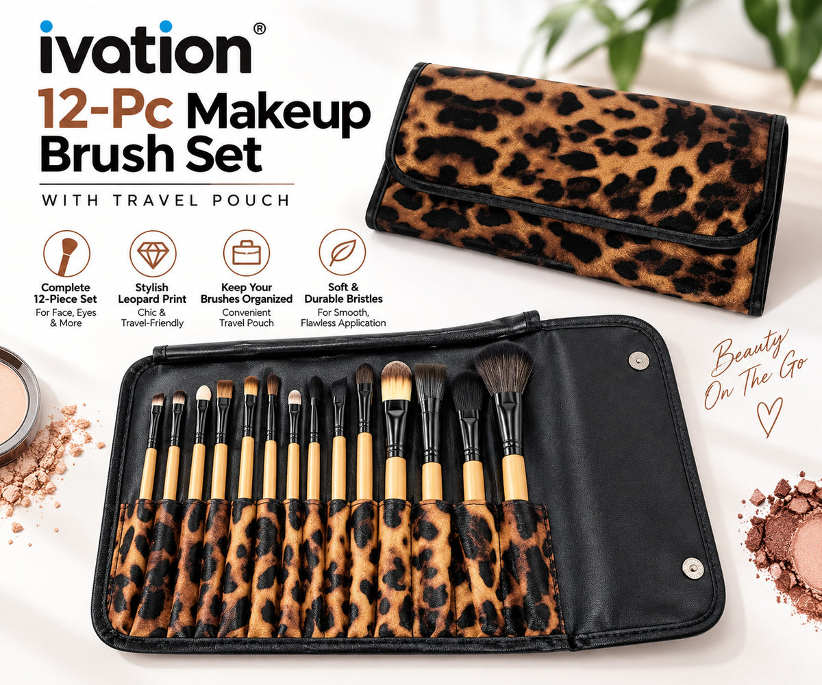 12-Piece Makeup Brush Set with Leopard Print Travel Pouch – Professional Cosmetic Brushes for Face & Eye Makeup
