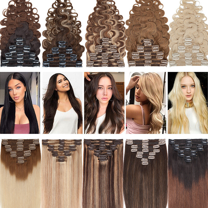 Remy Clip-In Hair Extensions Full Head Set - Blonde, Brown, Black, Wavy & Straight