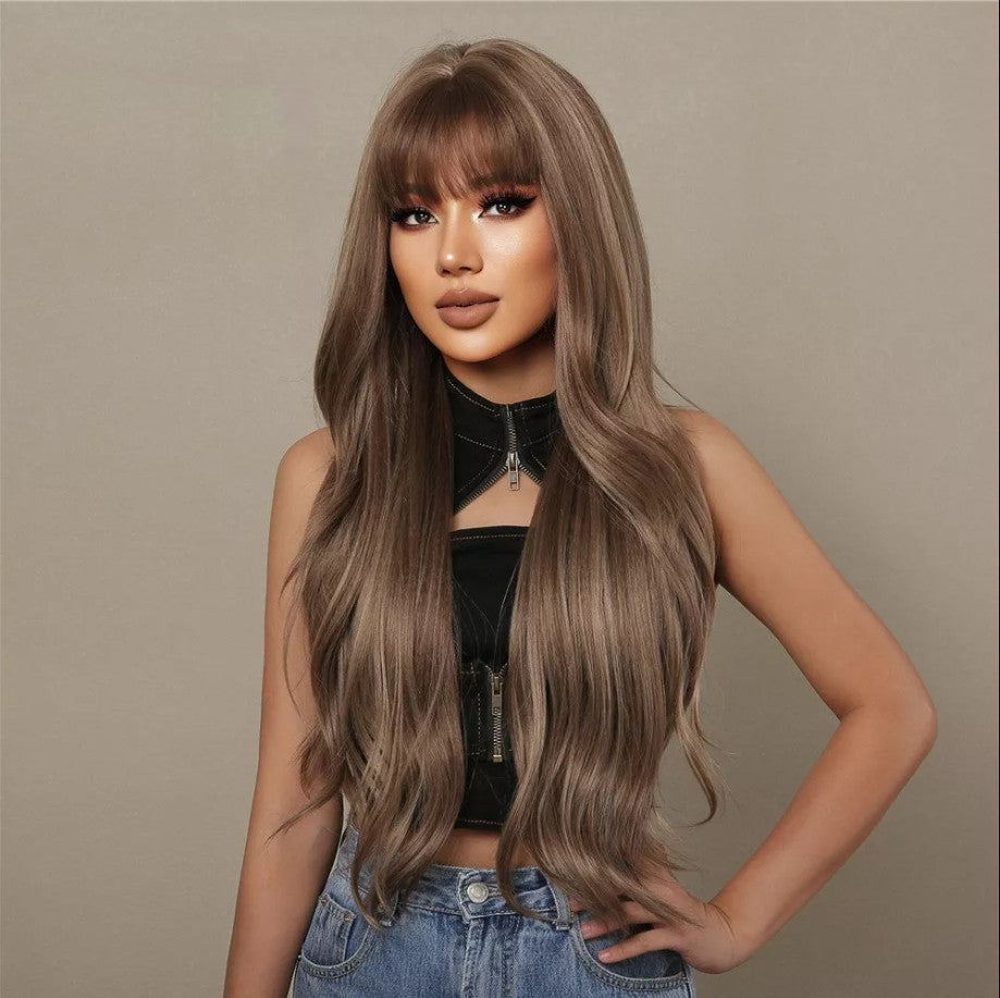 28 Inch Brown Blonde Highlight Wigs with Bangs Long Wavy Hair for Women