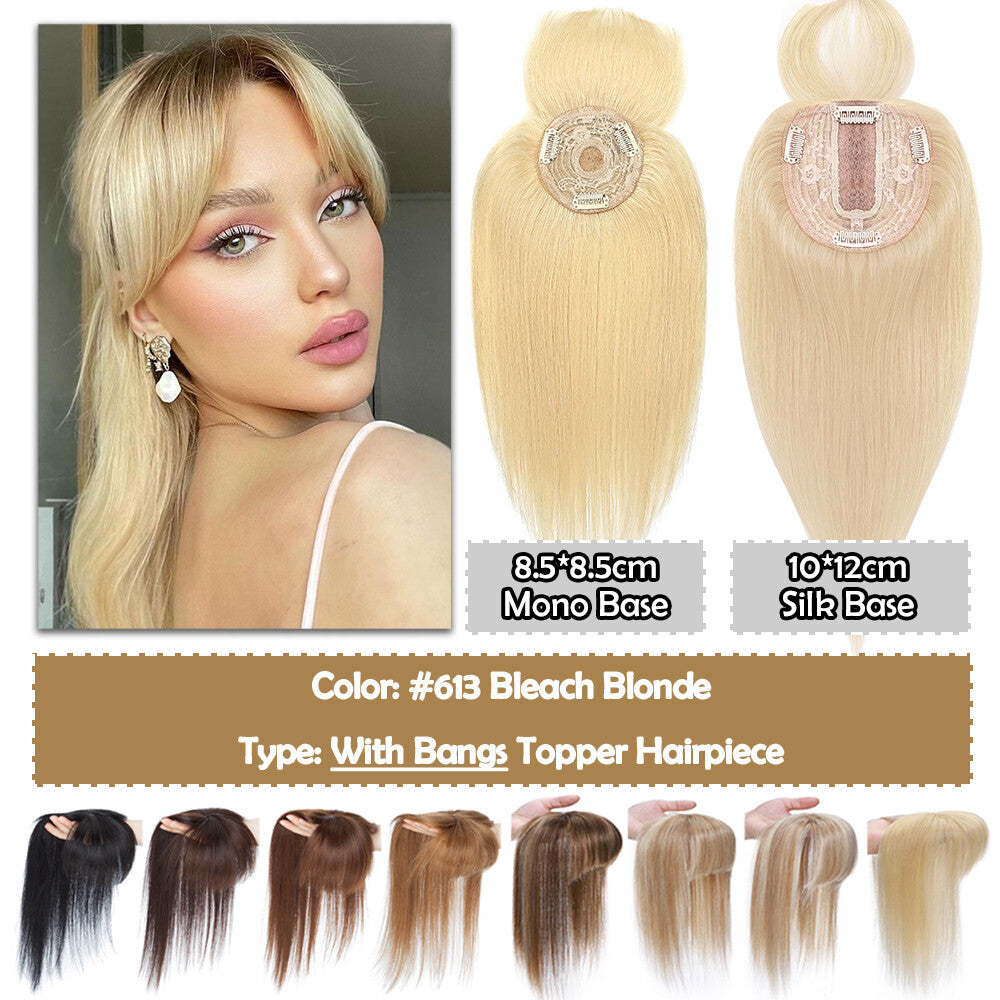 Human Hair Topper Hairpiece with Clip-In Mono Silk Base for Thinning Hair
