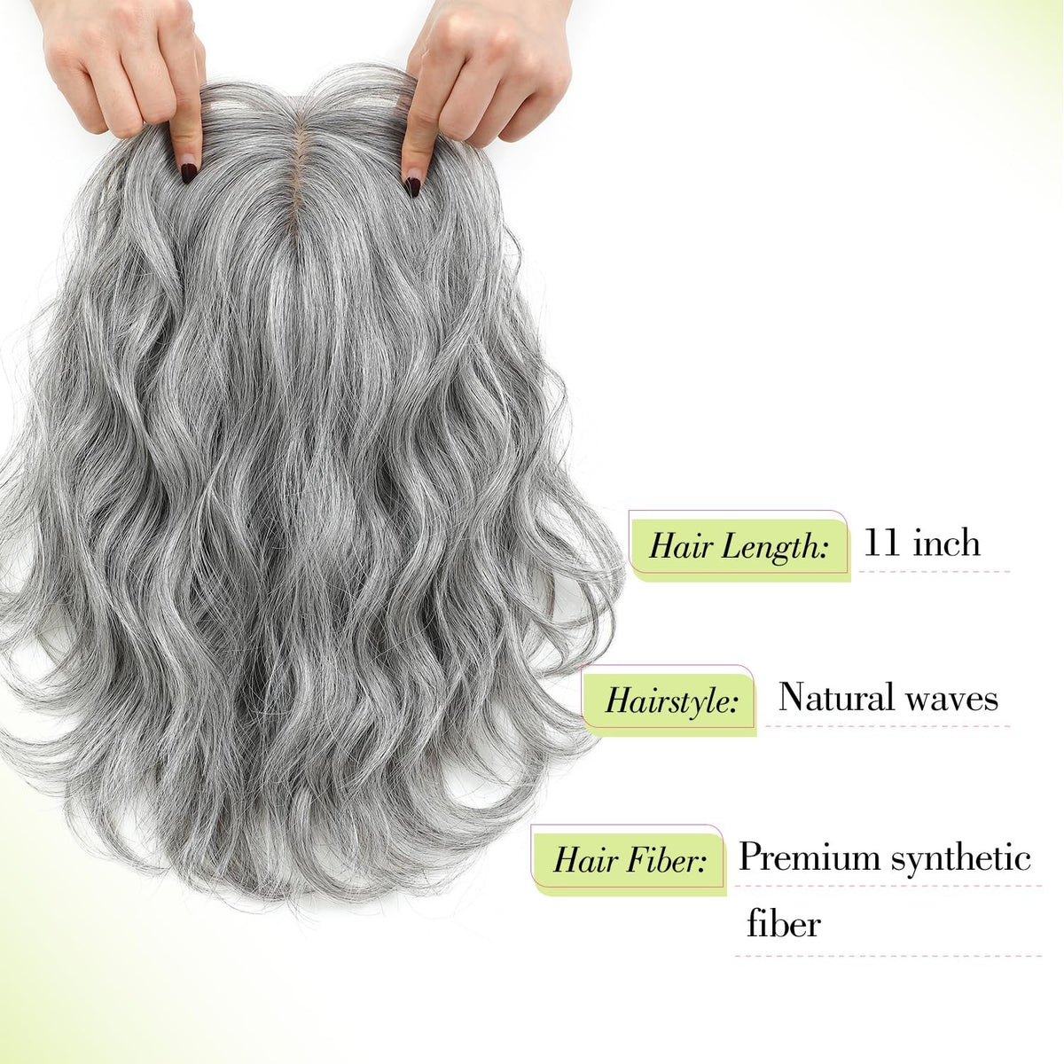 11-Inch Short Wavy Hair Topper for Thinning Hair with Clip-In Base - Natural Synthetic, Silver Grey