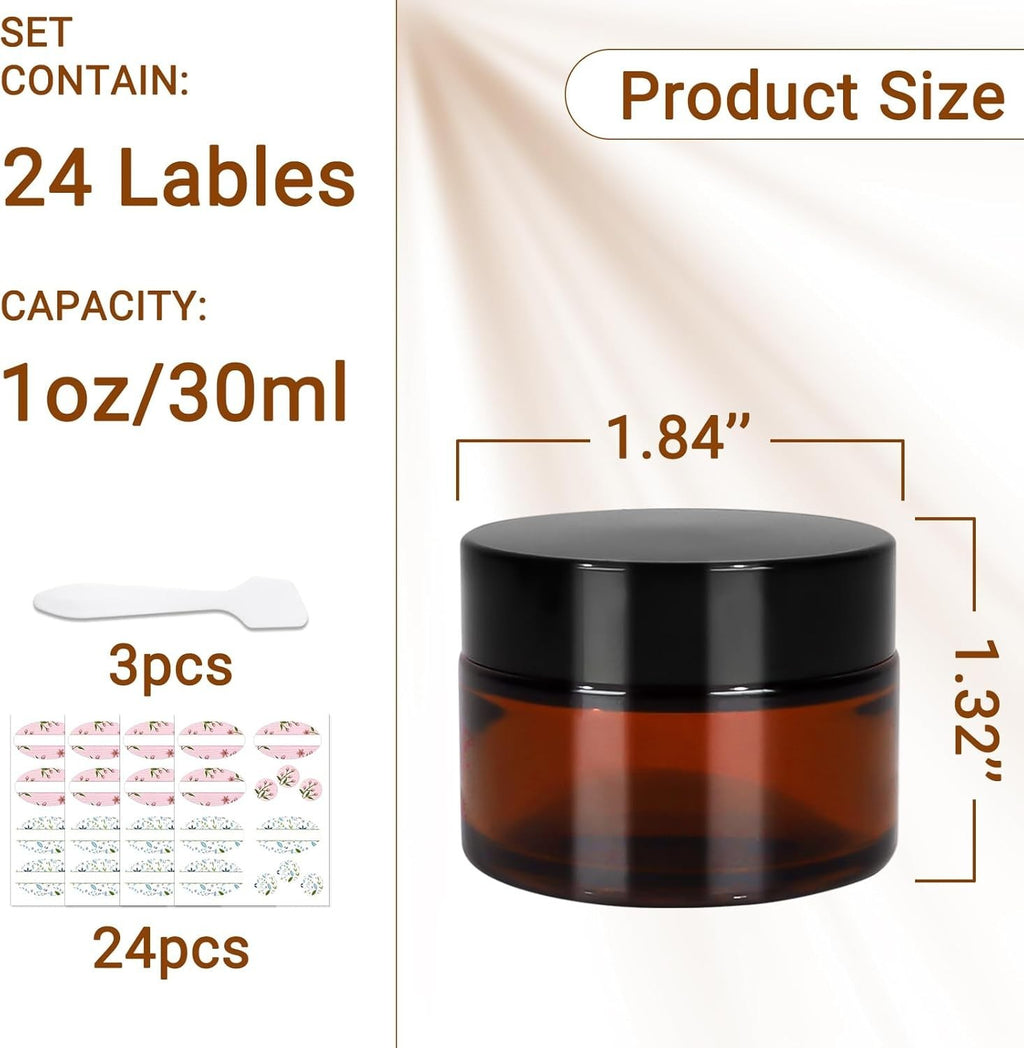 1 oz Amber Glass Jars with Black Lids – 24 Pack Cosmetic Storage Containers