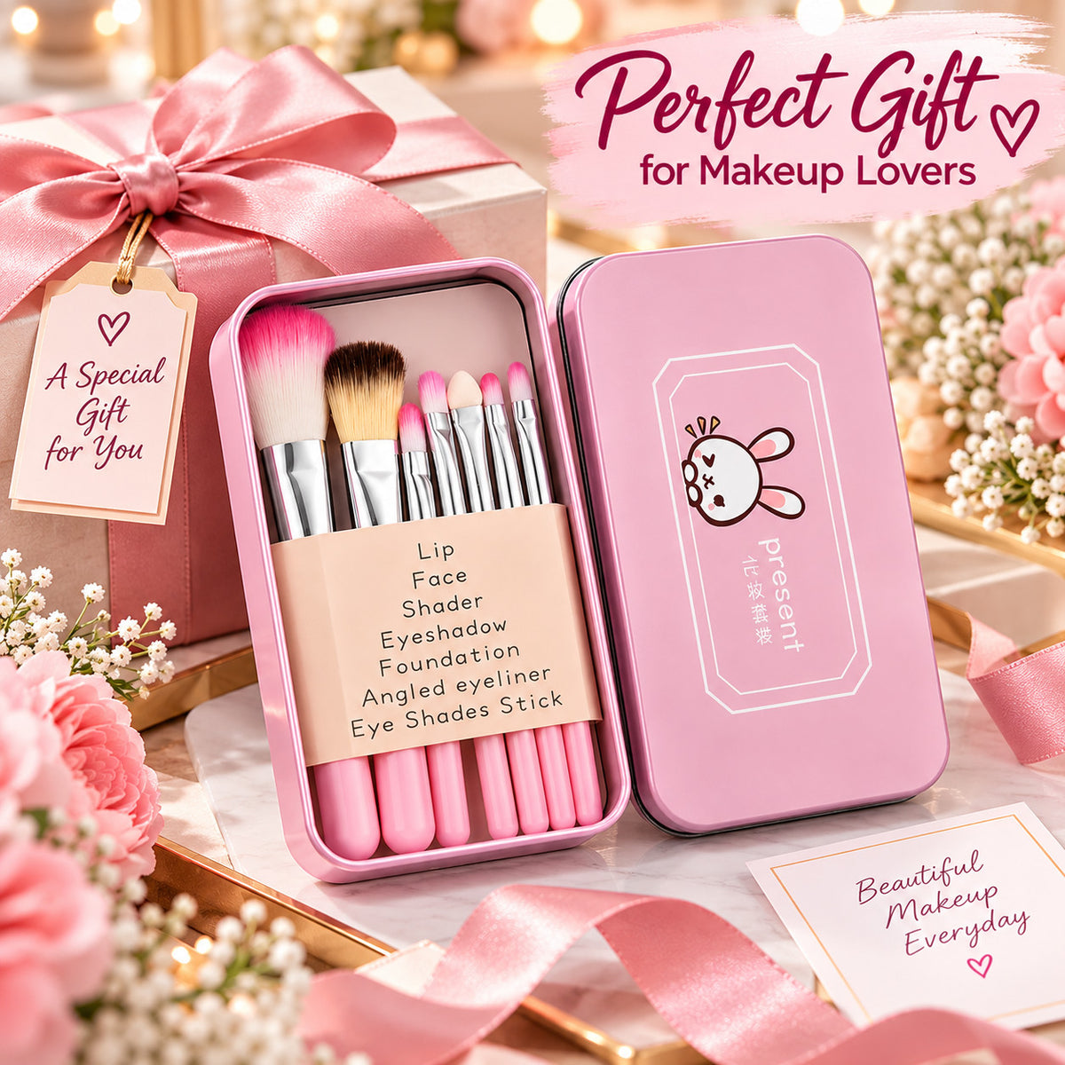 Pink Makeup Brush Set with Case - Cosmetic Face & Eye Brushes Travel Kit