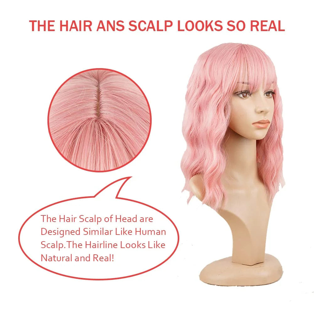 Pink Short Wavy Bob Synthetic Wig with Bangs for Women - Natural Look & Adjustable Fit