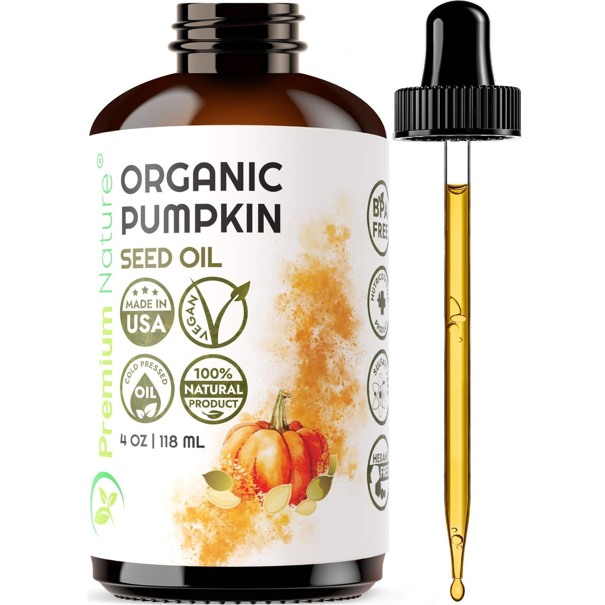 Organic Pumpkin Seed Oil for Hair Growth & Skin Rejuvenation - Cold-Pressed 4oz