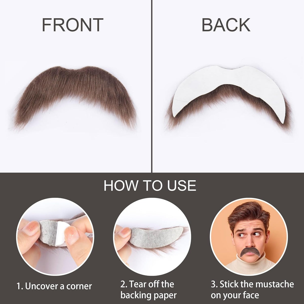 Brown Fake Mustache Stick-On Facial Hair for Men Costumes Halloween Cosplay