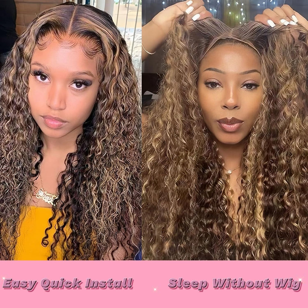 Deep Wave Human Hair Wigs 200% Density Honey Blonde 5x5 Lace Closure - Unbranded