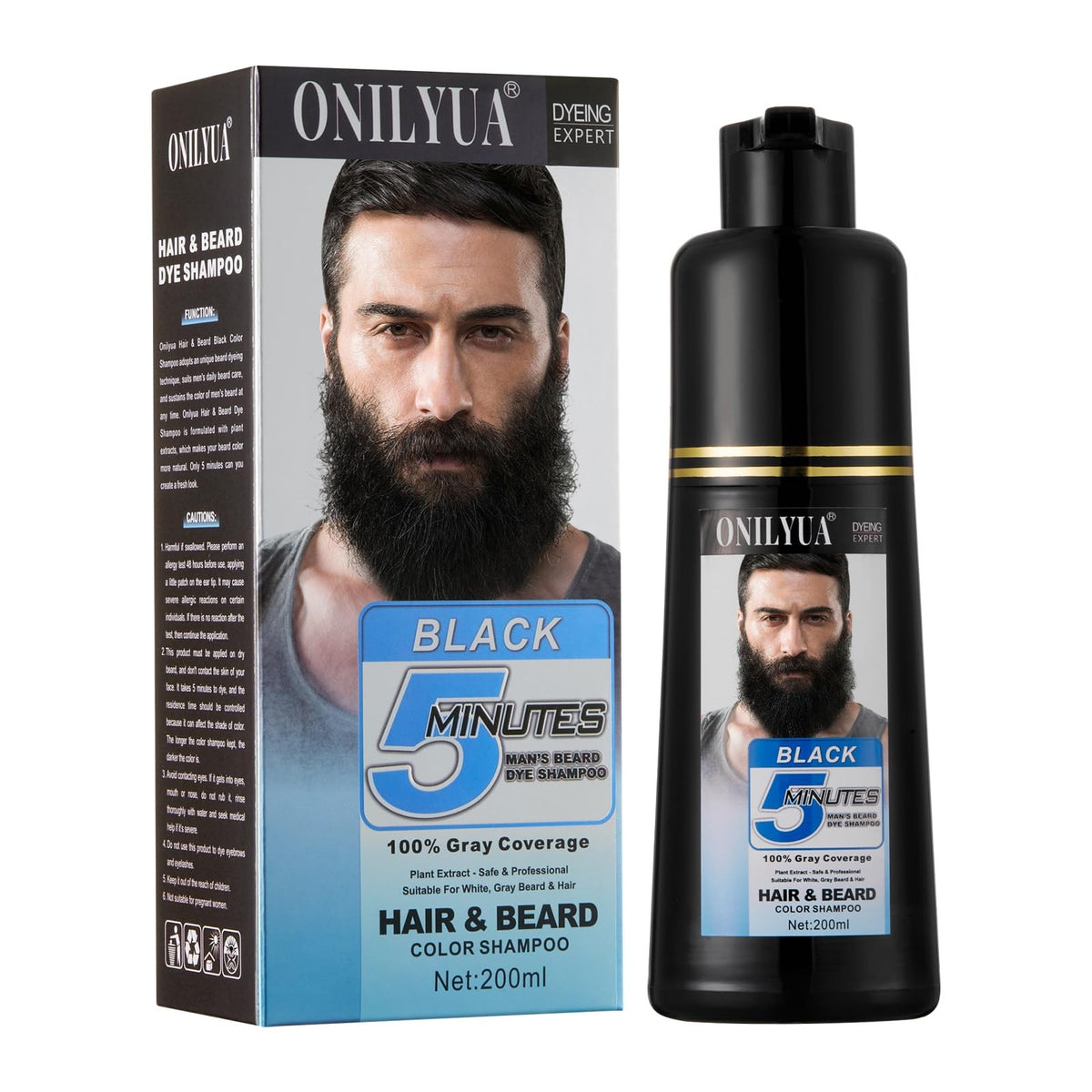 Men's Black Beard & Hair Dye for Gray Coverage, 3-in-1 Beard Shampoo, Long-Lasting, 200ML