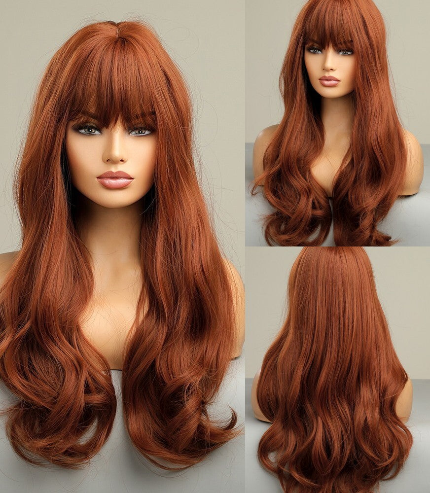 Long Wavy Red Heat-Resistant Synthetic Wig with Bangs for Cosplay