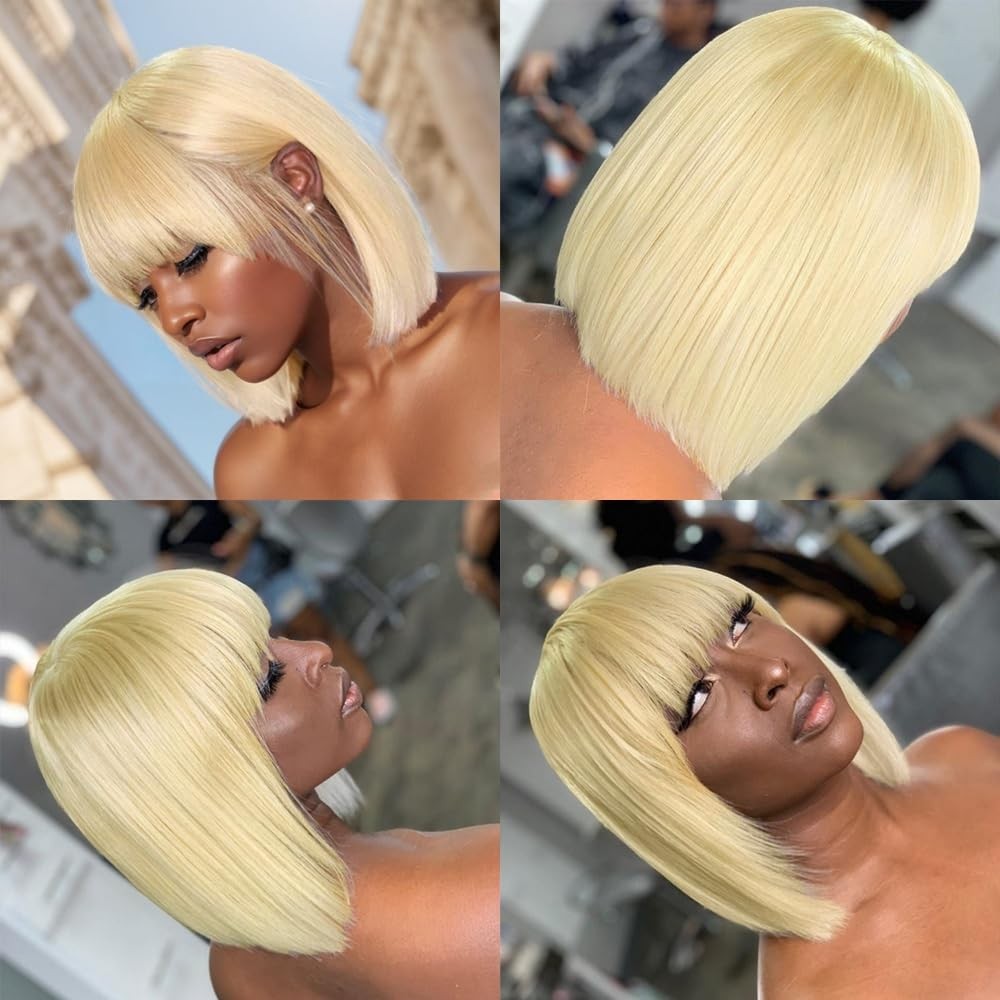 12-Inch Short Black Straight Wig with Bangs for Women - High Temp Fiber