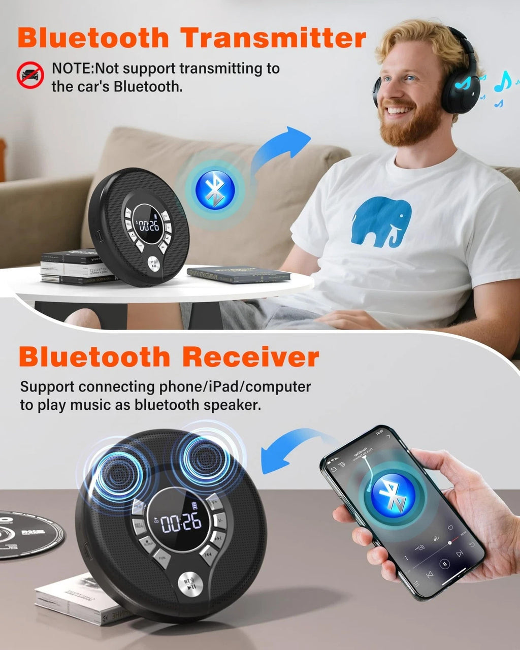 Portable Bluetooth CD Player with 2000mAh Rechargeable Battery