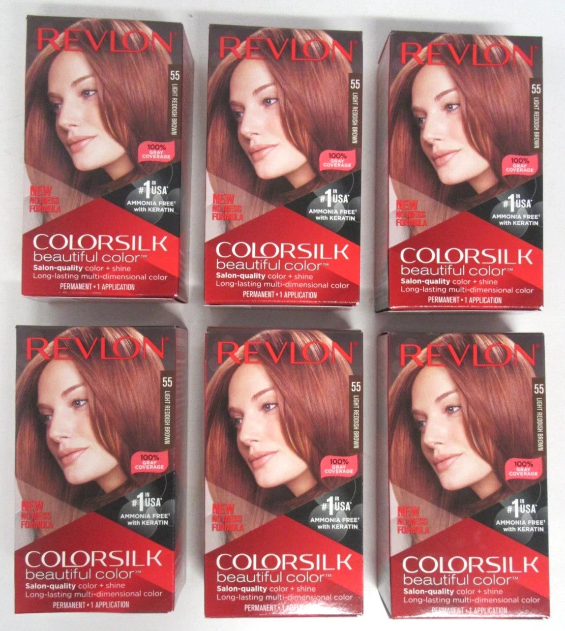 (Pack of 6) Revlon ColorSilk Light Reddish Brown Hair Dye - Permanent Color #55