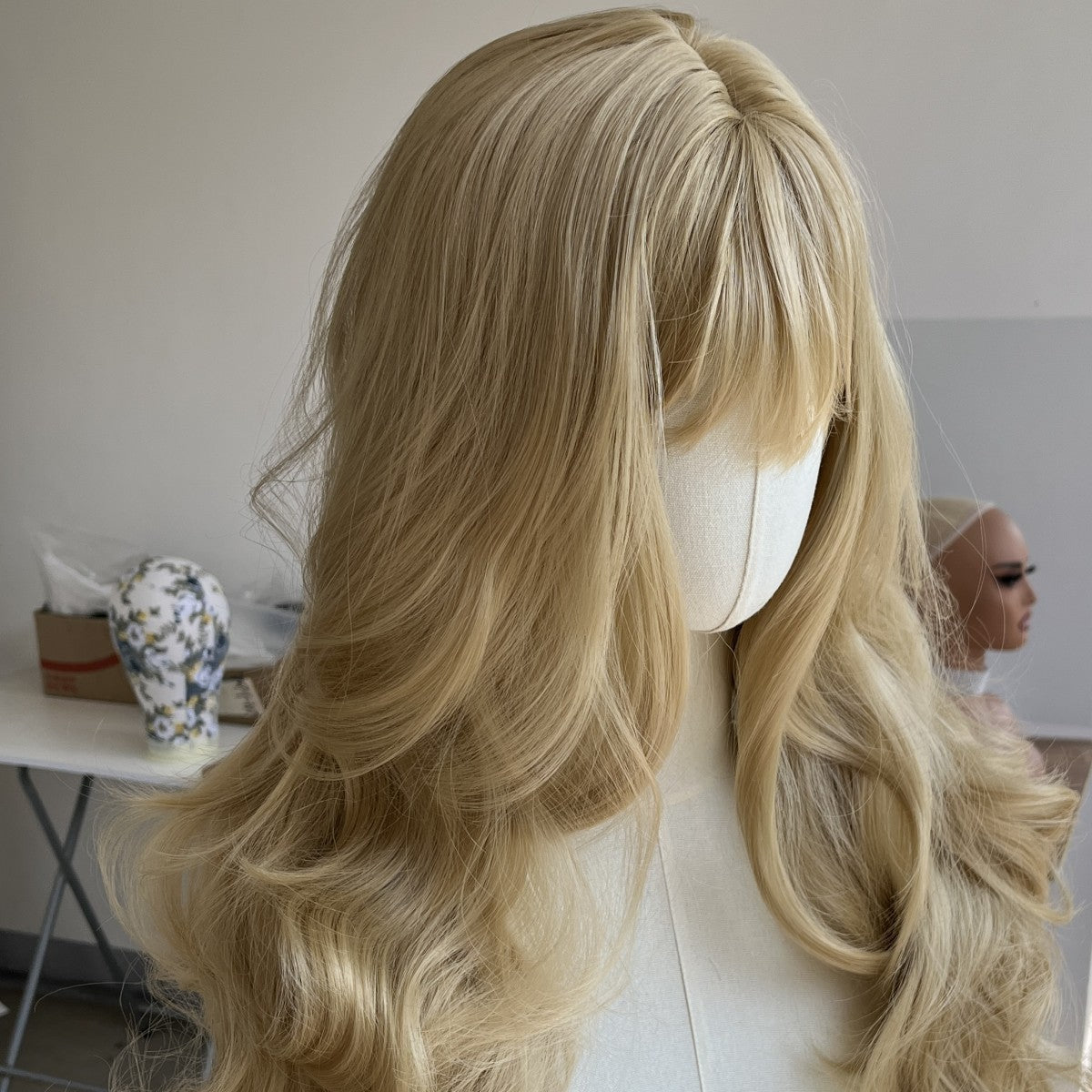 Long Wavy Cosplay Wig with Bangs Blonde Synthetic Hair - Wear & Go