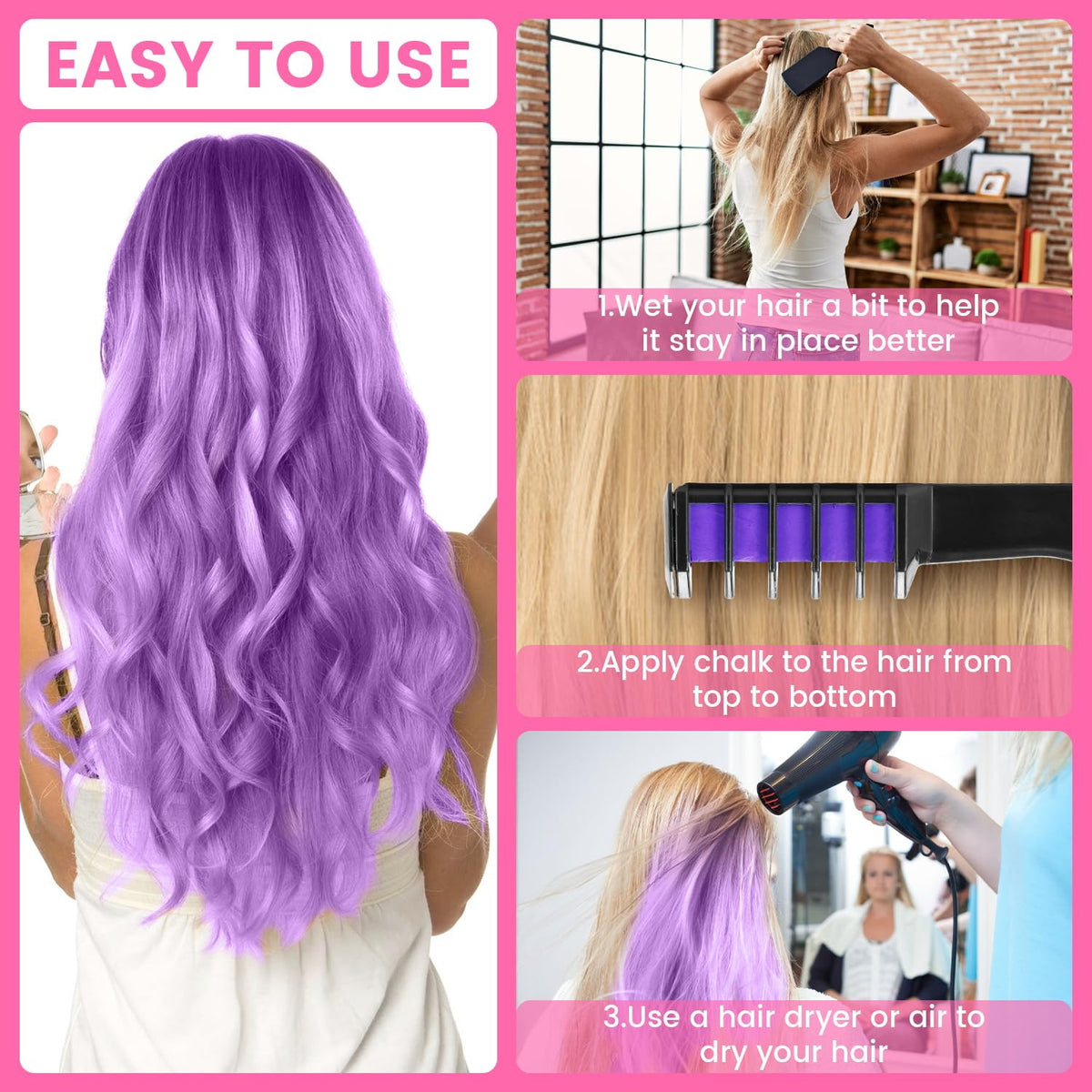 10 Color Hair Chalk Comb Set - Temporary Bright Hair Dye for Kids & Teens