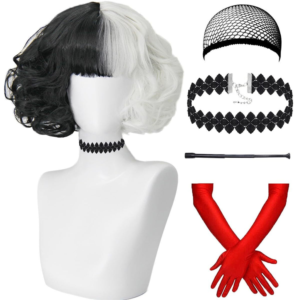 Cruella Deville Costume Wig Set with Gloves & Necklace - Black & White
