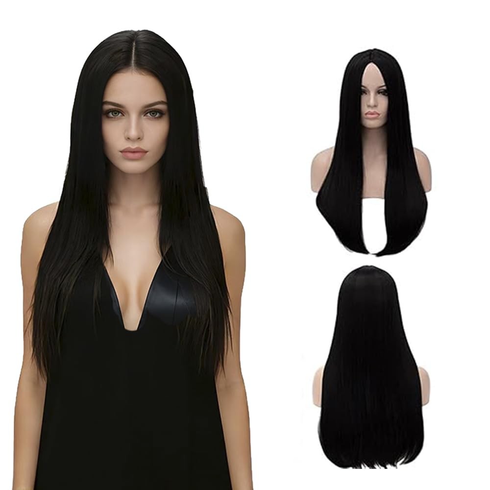 Long Straight Black Wig for Women 28 Inch Morticia Addams Costume