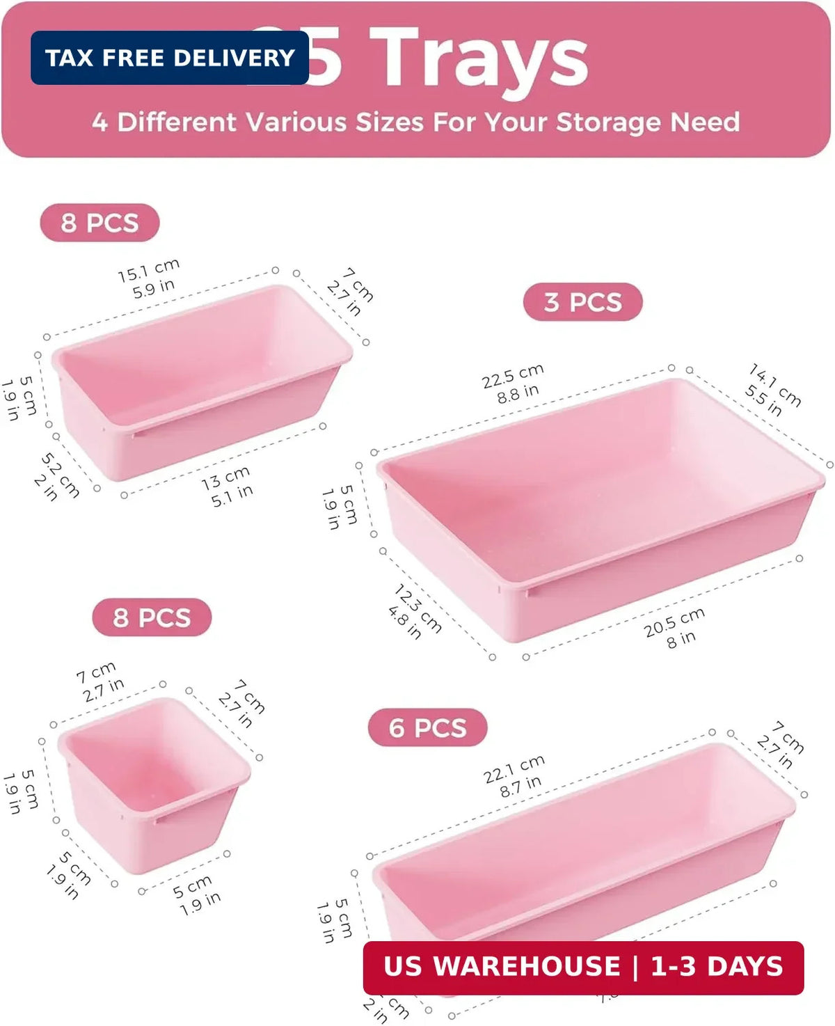 4-Sizes Plastic Drawer Organizers Set — Vanity & Makeup Storage, 25 pcs