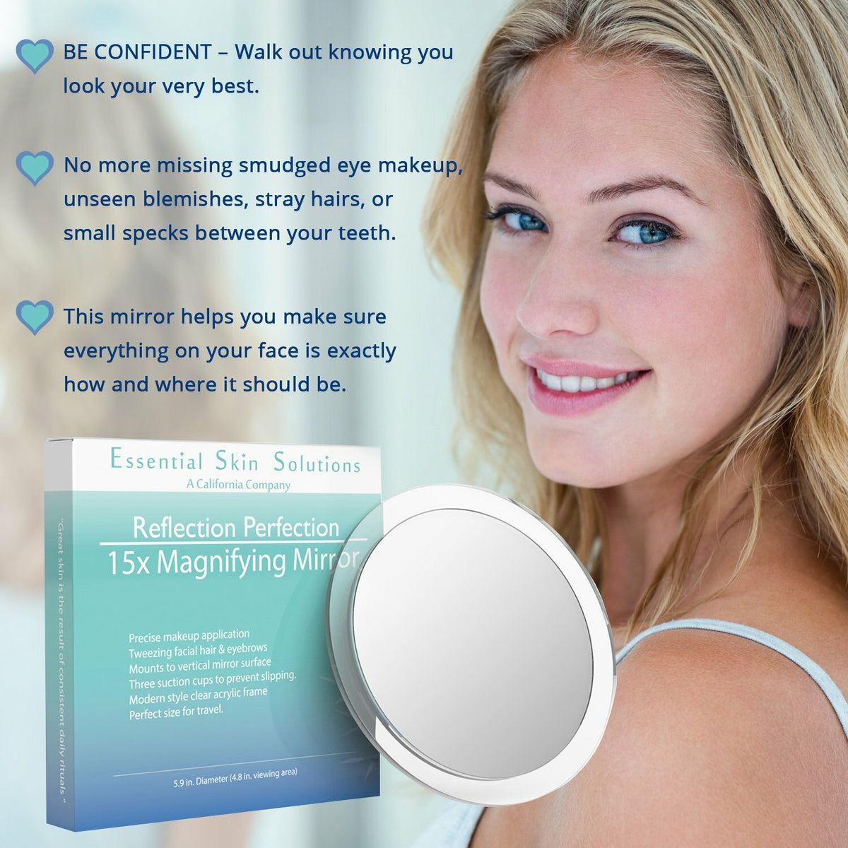15X Magnifying Makeup Mirror with Suction Cups - 6 Inch Portable & Handheld