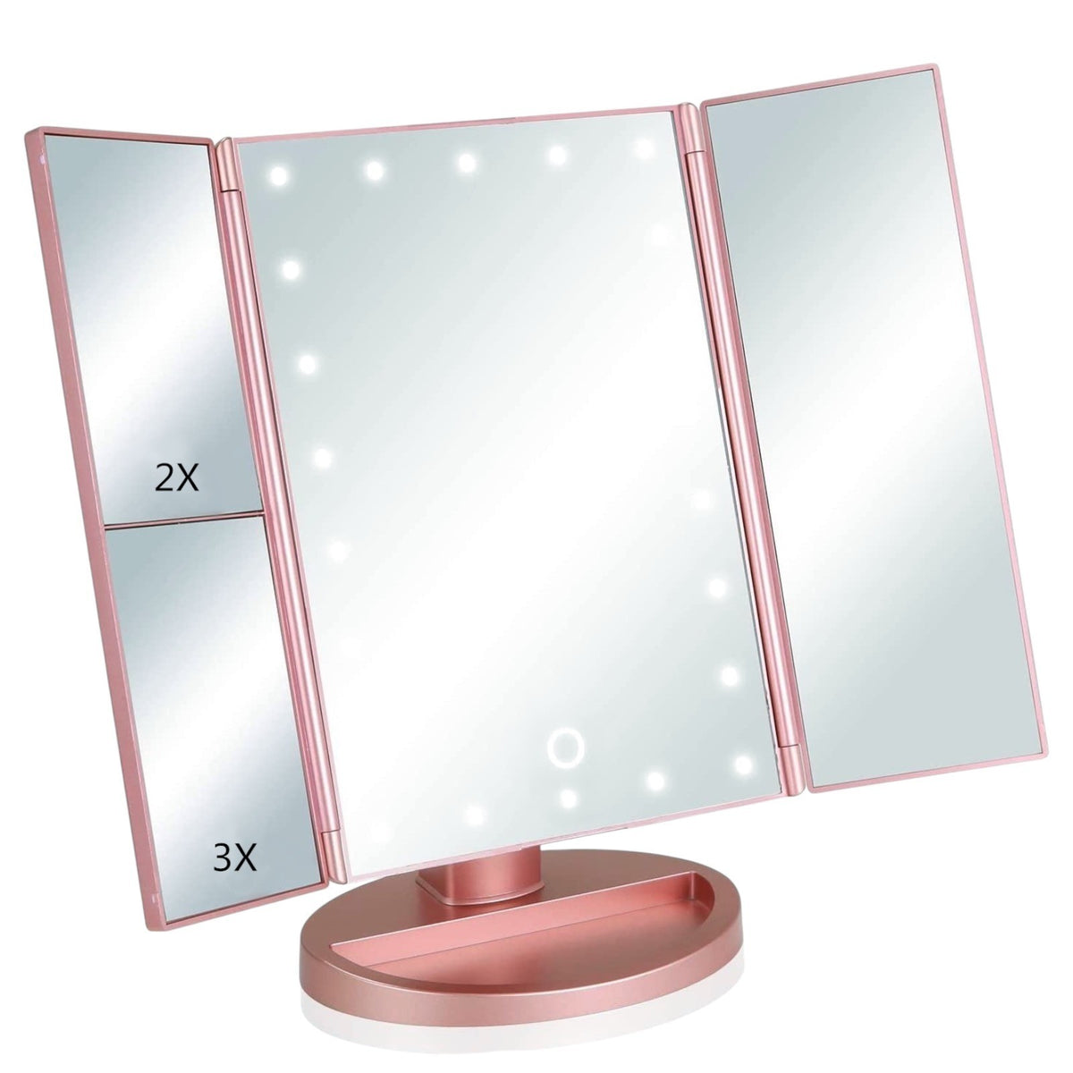 Tri-Fold Lighted Vanity Mirror with 22 LED, 1x 2x 3x Magnification, USB or Battery Powered, Rose Gold