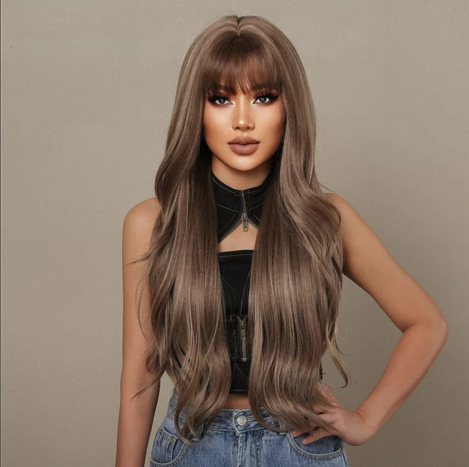 28 Inch Brown Blonde Highlight Wigs with Bangs Long Wavy Hair for Women