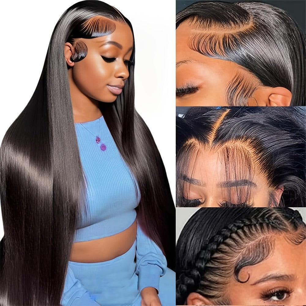 Long Straight Lace Front Wig - Natural Black Synthetic Hair, Pre-Plucked, 180% Density