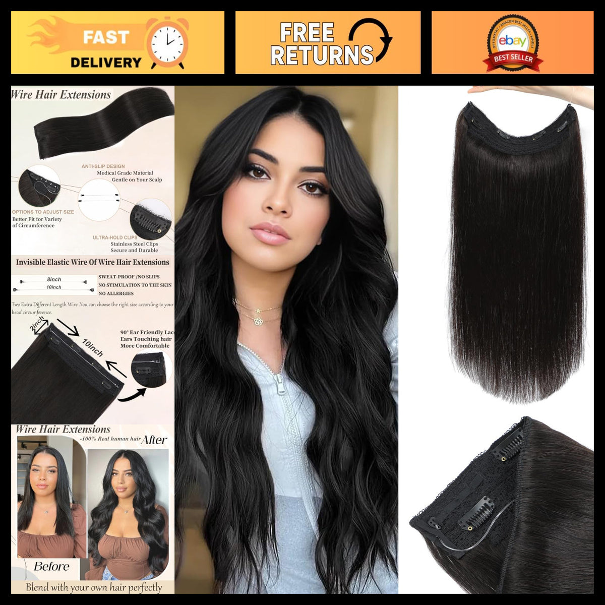 16-Inch Human Hair Extensions with Invisible Halo Wire - Natural Black, 80g, Clip-In