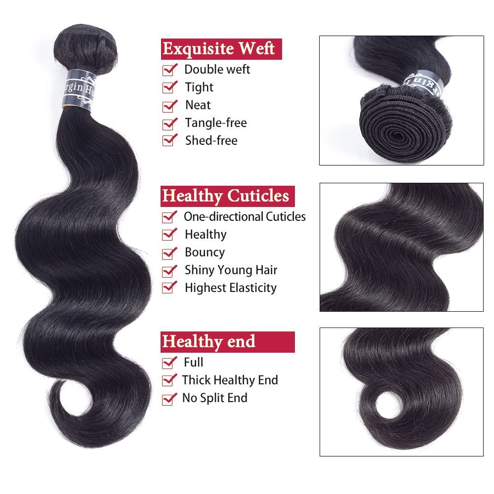 Brazilian Body Wave Hair Extensions Set with Closure - 14 16 18 Inches