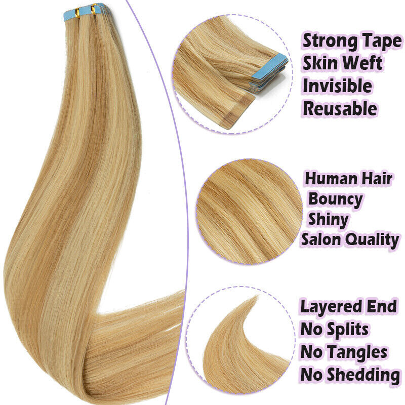 Real Remy Human Hair Extensions Tape-In Weft 24 Inches Thick & Natural Looking
