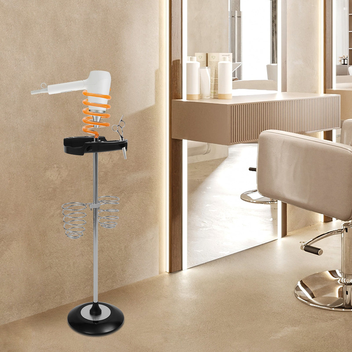 Hair Dryer Stand with Tray and Spiral Holder – Stylish Organizer for Styling Tools