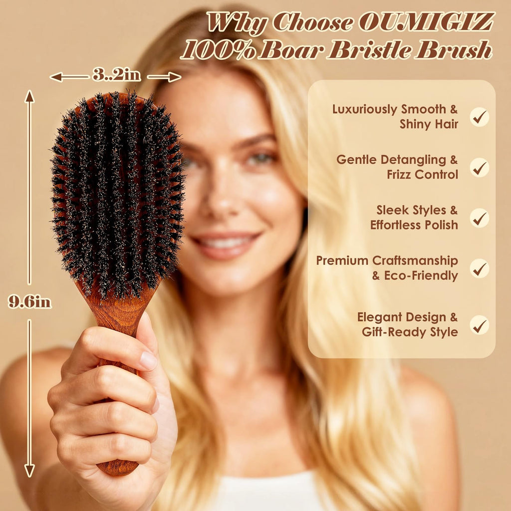 Large Wooden Boar Bristle Hair Brush for Men & Women - Natural Detangler & Styler