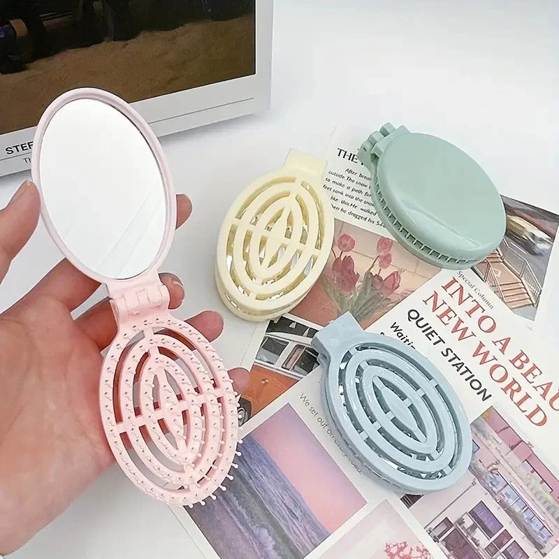 Portable Folding Hair Brush Comb with Mirror - Travel Friendly and Lightweight