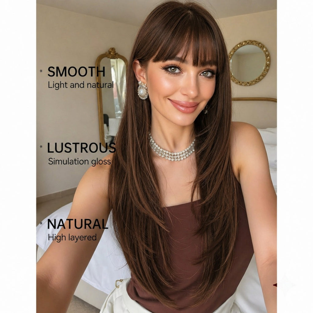Long Straight Synthetic Halloween Wig with Bangs - Choc Brown Cosplay Party Hair