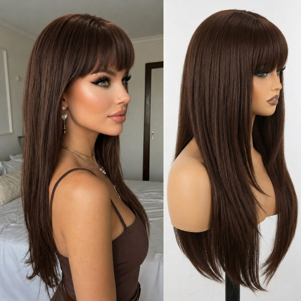 Long Straight Synthetic Halloween Wig with Bangs - Choc Brown Cosplay Party Hair
