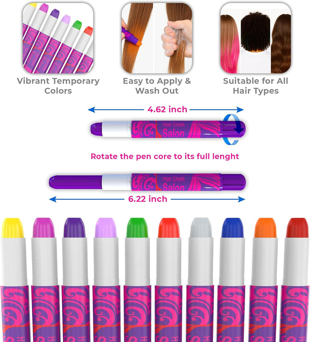Kids Hair Chalk Set - 10 Washable Vibrant Temporary Hair Color Pens for Girls & Teens