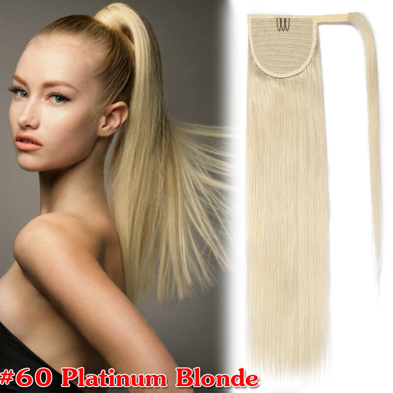 Clip-In Human Hair Ponytail Extensions Wrap Around Thick Hairpiece